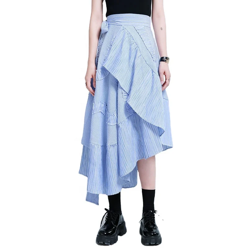 

TWOTWINSTYLE Elegant Striped Asymmteircal High Waist Lace Up Ruffles Pleated Irregular Skirt women