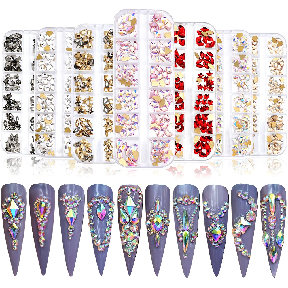 

12 Styles Nail Crystals Flatback Rhinestones 3D Charm Glass Nail Gemss Rhinestone, 8 colors