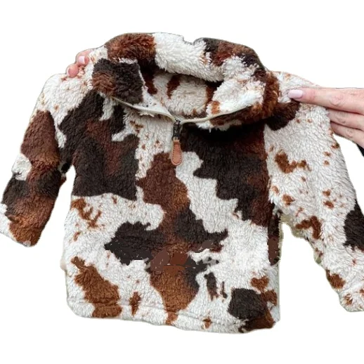 

RTS Kids Cow Pattern O-Neck Winter Sherpa Jacket Winter Long Sleeve Cowhide Flannel Sweater