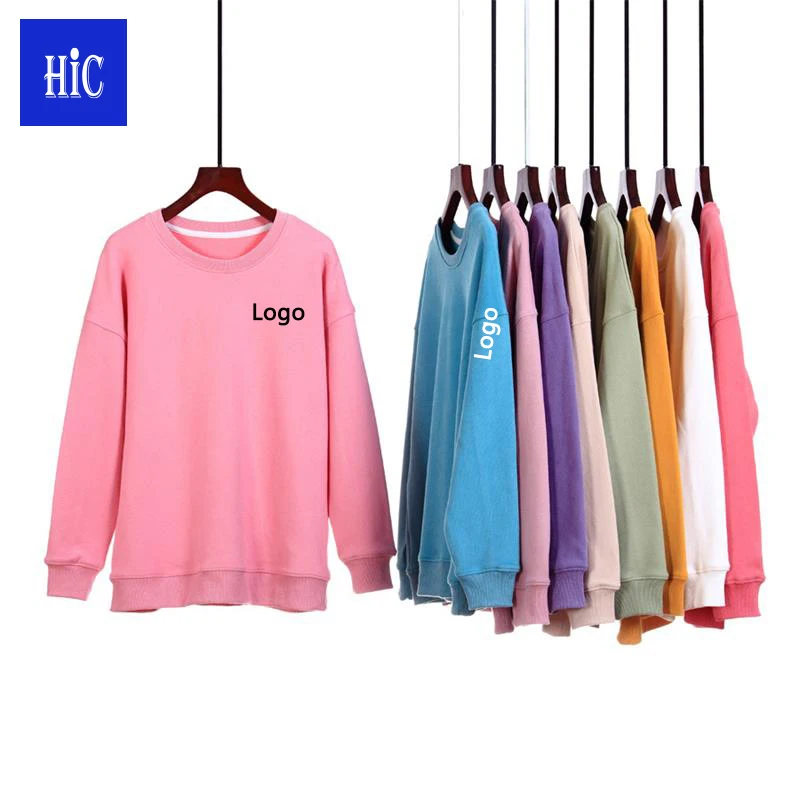 

HIC New Design Women's Plus Size Long Sleeves T-shirts 500g 100%Cotton Crew Neck Sweatshirt Custom Printing LOGO Fleece Sweater