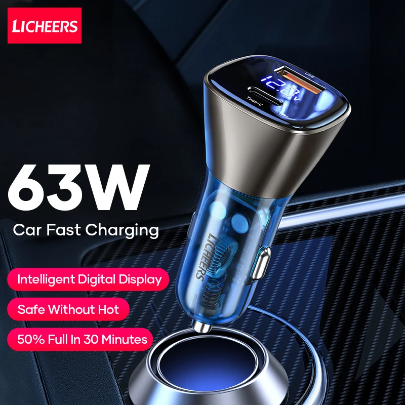 

LICHEERS Hot Sales QC3.0 Car Charger 12-24V Multi Port USB TypeC 63W PD 45W LCD Display Smart Transparent USB Fast Car Charger