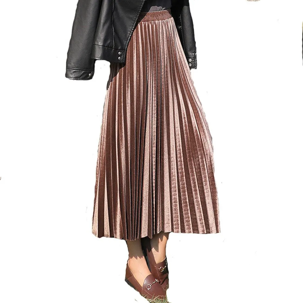 

2020 Women High Waist Velvet Pleated Skirt Vintage Winter Ladies Long Silver Maxi Elascity Casual Party Black Skirt