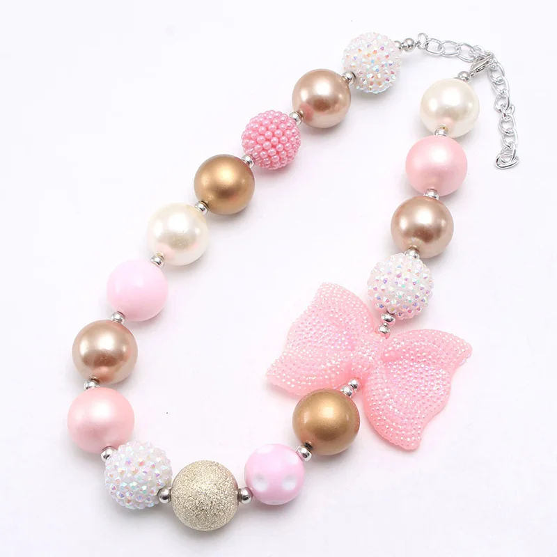 

Hot sale pink color acrylic beads handmade bow kids chunky necklace, As picture show