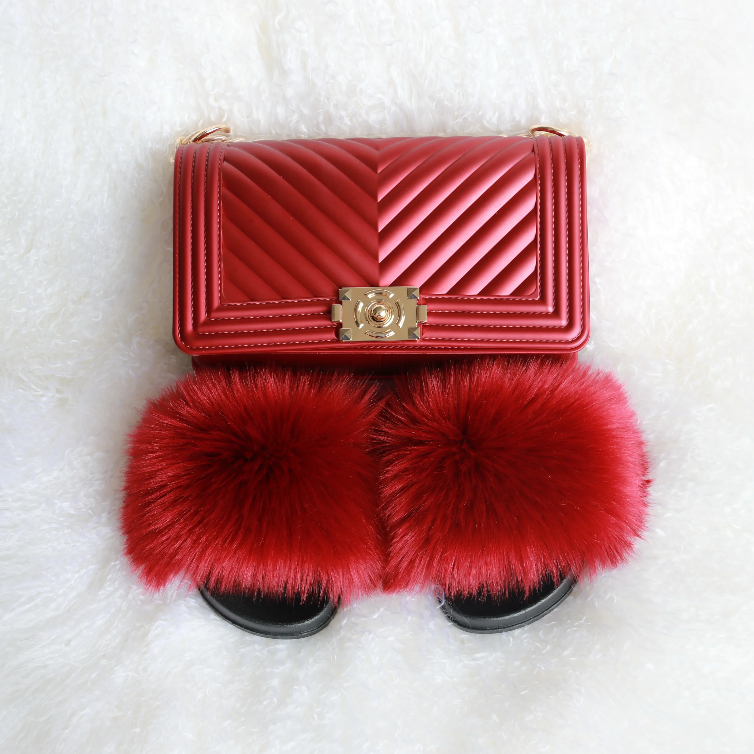 

High Quality Women Girls Faux Fur Slides Matched PVC Rainbow Colorful Jelly Purse Handbags