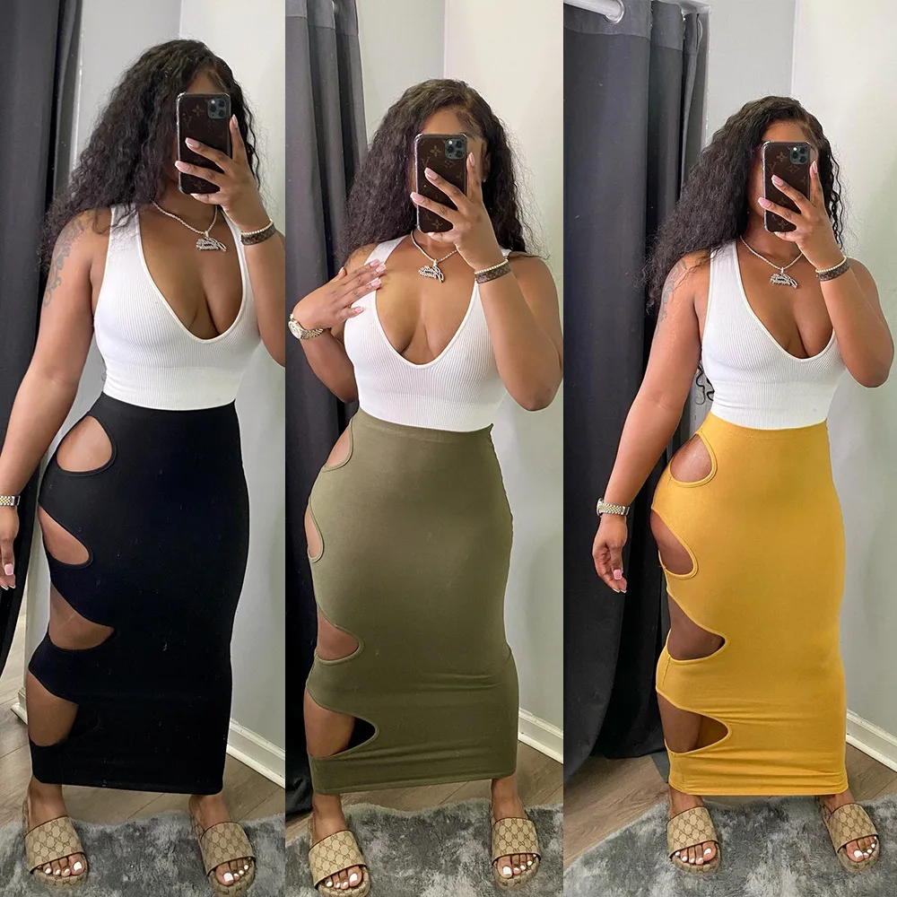 

2021 Summer Women Sexy Hollow Side Pencil Skirt Sets Solid Sleeveless Hollowed-Out Vest Short Long Women'S Two Piece Skirt Set, Black/white/orange/red/two piece skirt set