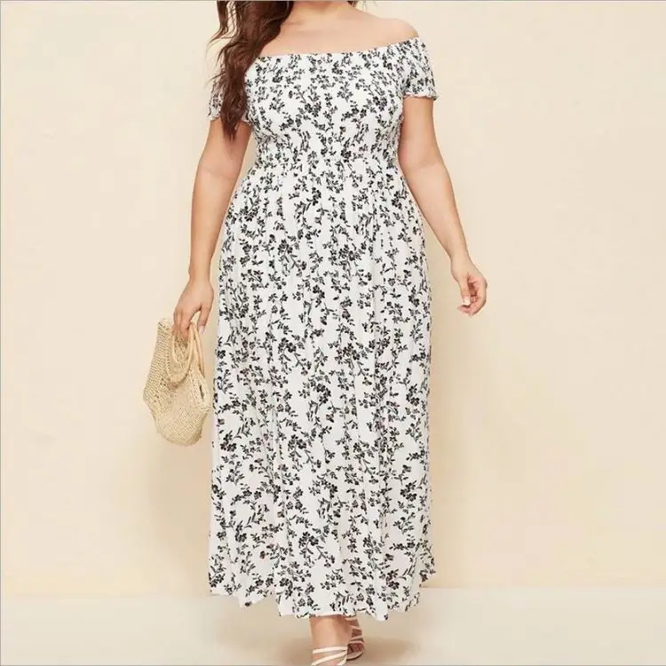 

Women's summer casual plus size bohemian print strapless a-line neck open large size dresses