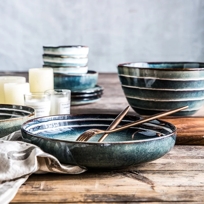 

Japanese Glazed Stoneware Plates, Soy Sauce Bowls And Sushi Pan Ceramic Dinnerware Set, Dark blue