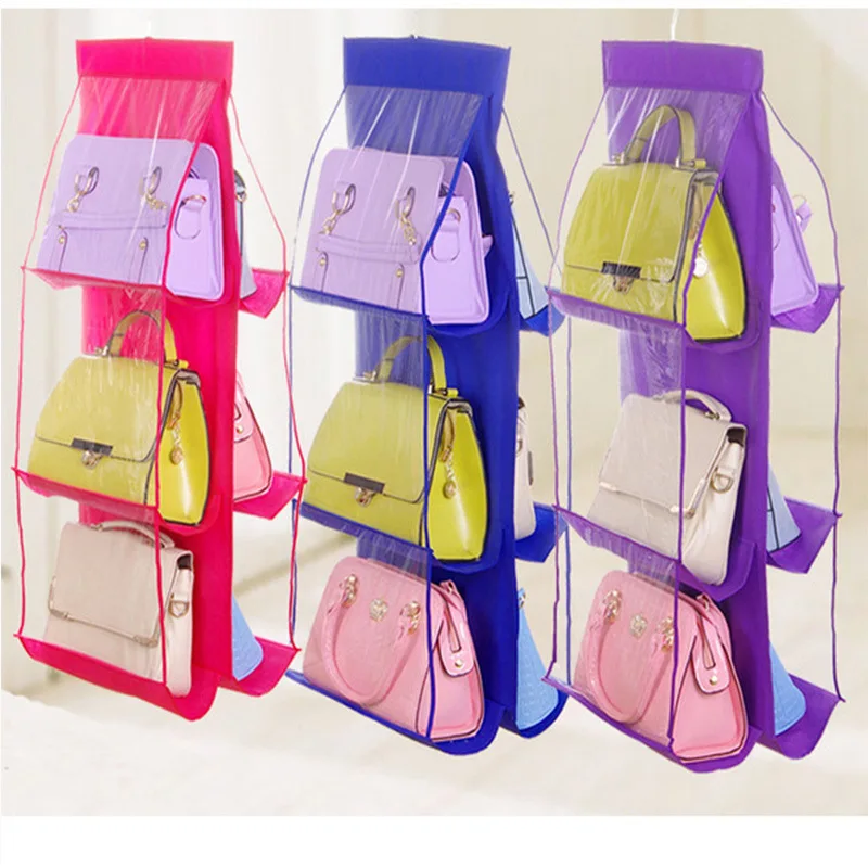 

Hot selling 6Pocket Hanging Handbag Organizer for Wardrobe Closet Transparent Storage Bag Double-sided Handbag storage organizer