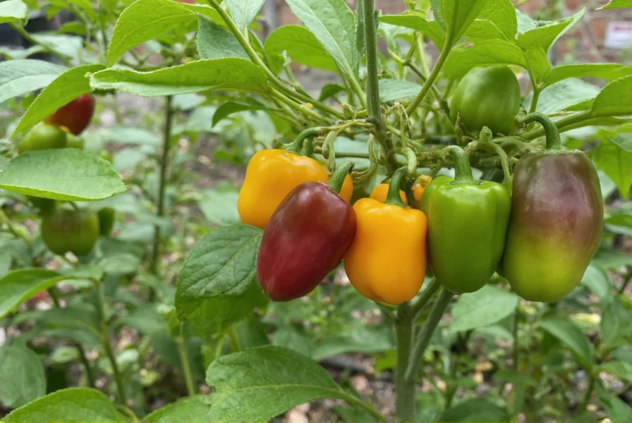 Home garden with bell peppers showing various color stages including purple tinted specimens