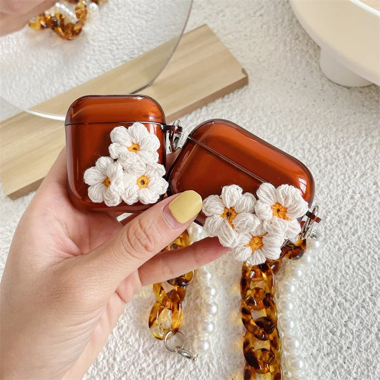 

2021 Luxury Wireless Earphone Box Caramel Colour Flower Design With Chain Bracelet Soft Case de for Airpods 1 2 and Pro 3, Candy color style earphone cases for apple airpods