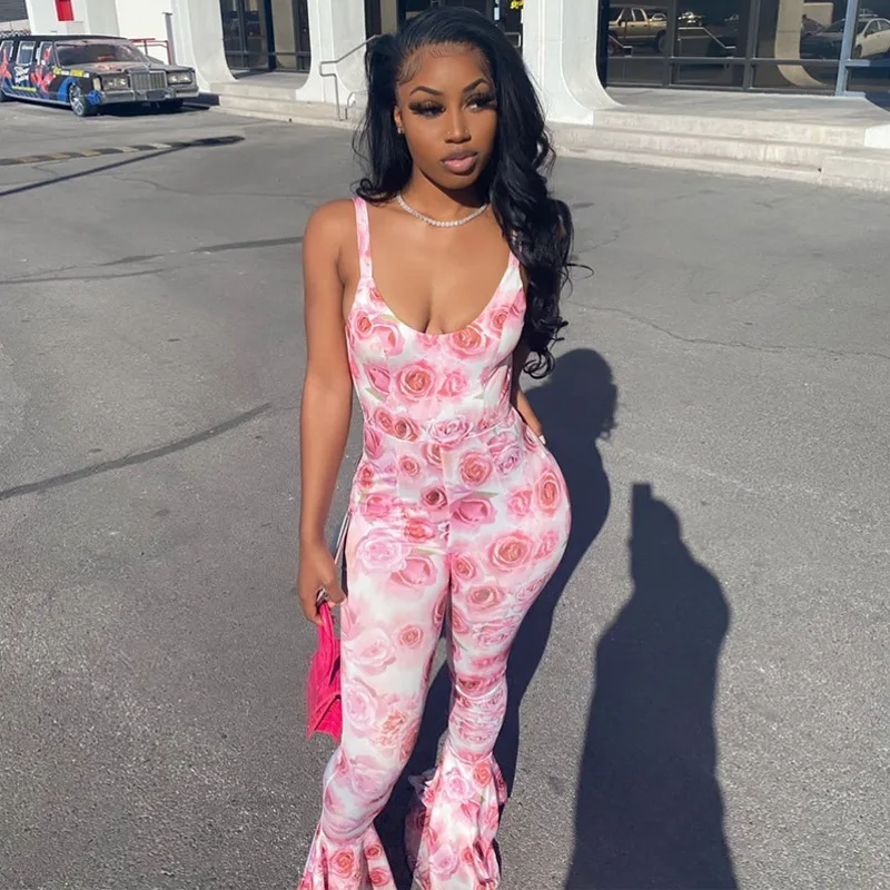 

Wholesale new trendy women clothing sexy backless print one piece jumpsuits halter slim thin bodysuits, Photo shows