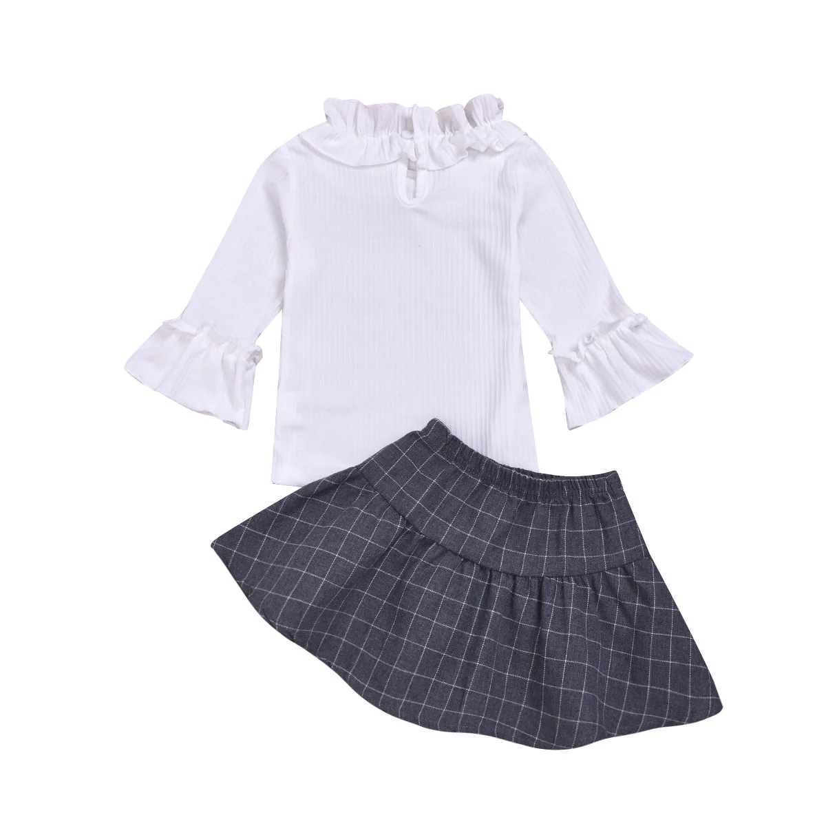 

Hot Selling Girls Knit Stripe Bowknot Tops Pleated Short Skirt Grid Clothing Suit