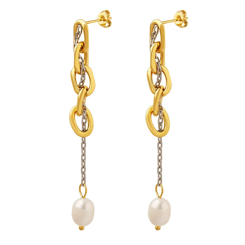 Waterproof Stainless Steel 18k Gold Plated Women Jewelry Two Stone Freshwater Pearl Pendant Earrings Non Tarnish YF6017