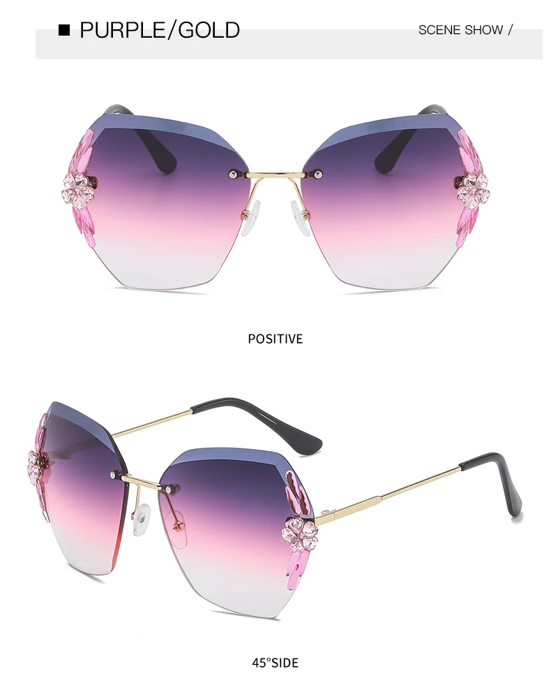 

Fashion Rimless Rhinestone Sunglasses Women UV400 Luxury Designer Sun Glasses Vintage Shades Gradient Sunglass Gafas Oculos 2021