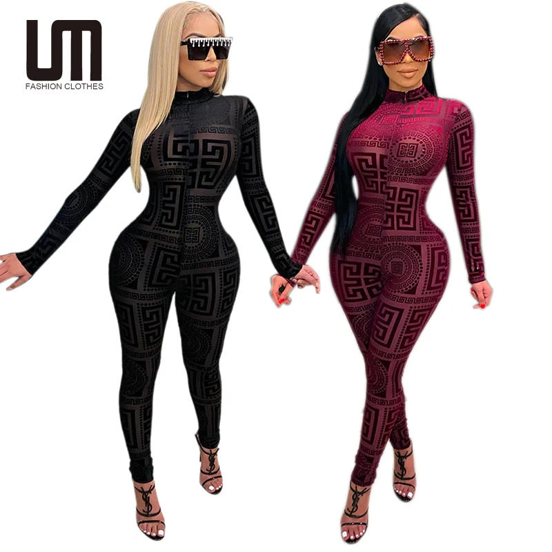 

Liu Ming New Wholesale Fall Sexy Women High Neck Long Sleeve Club Party Mesh Skinny Jumpsuits