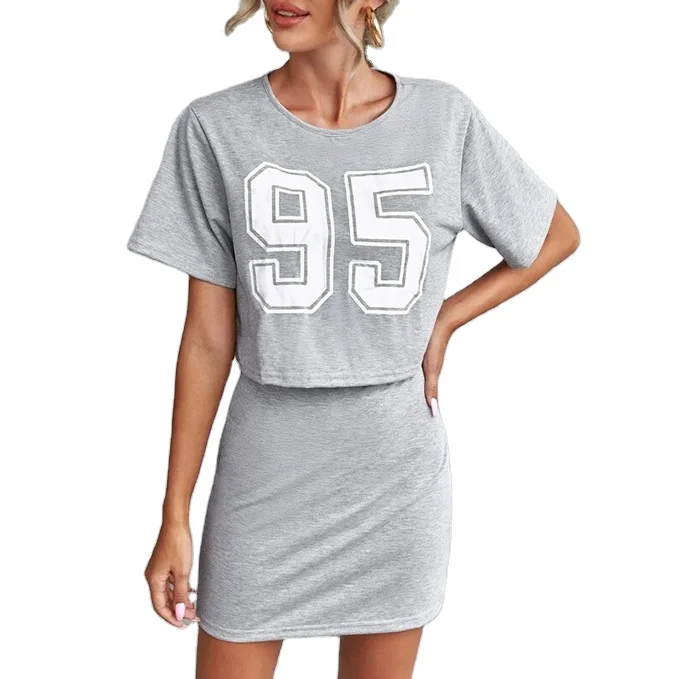 

Summer Office Lady Clothing Digital Pattern T-shirt With Hip Two Piece Wrap Skirt