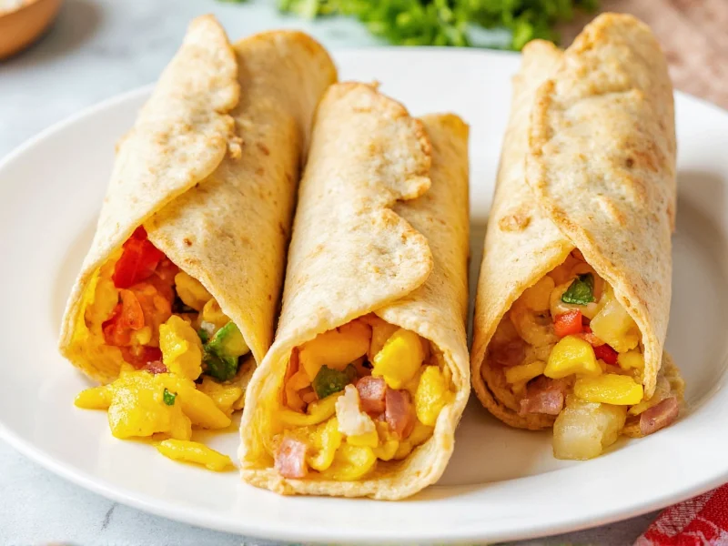 Three variations of homemade breakfast burritos on plate