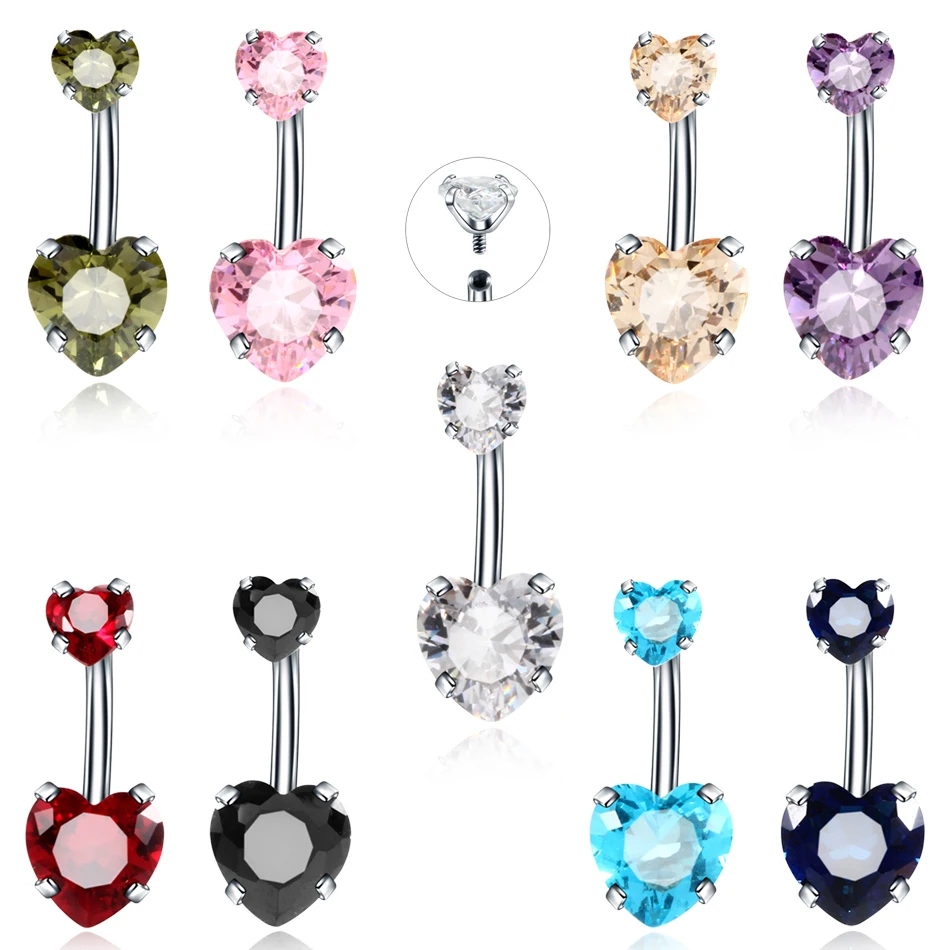 

316L Surgical Steel Internally Threaded Belly Button Rings Double Heart-Zircons Fashion Women Girls Navel Rings Piercing Jewelry