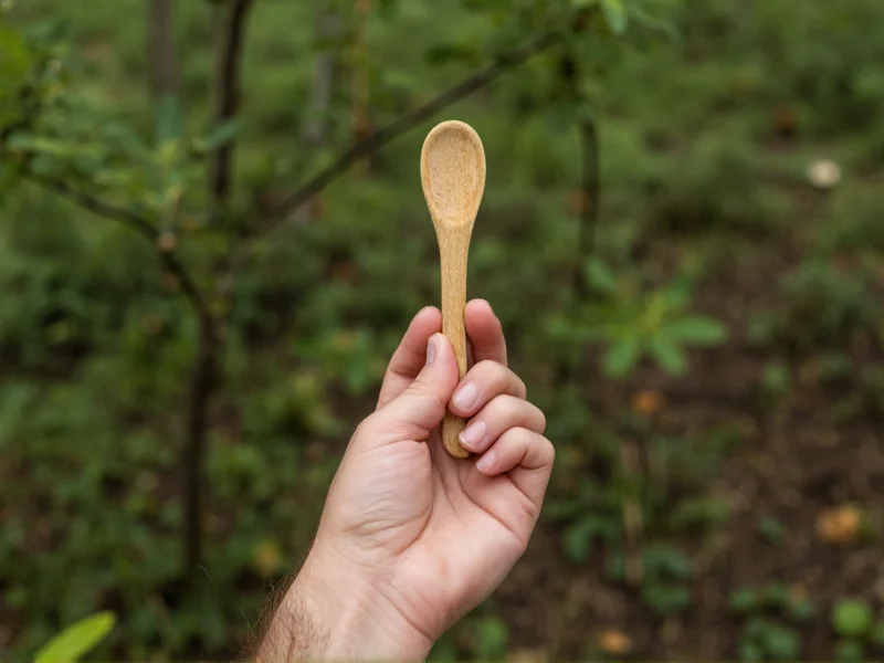 Hand holding reclaimed wood spoon against natural backdrop
