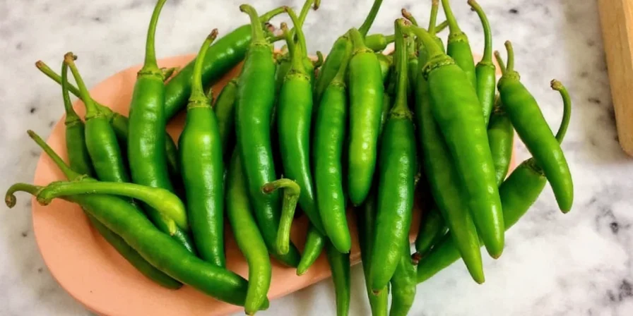 Serrano peppers in various colors: green, red, orange, brown