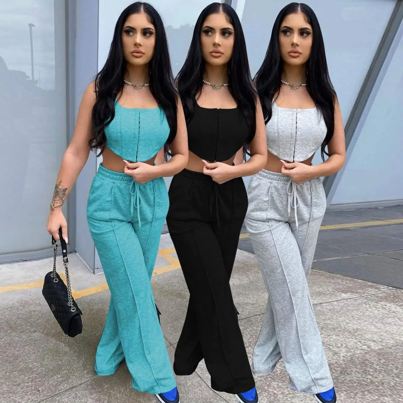 

Ckfashion Hot Sale Casual Two Piece Sports Pants Set Solid Color Crop Top And Wide Leg Pants 2 Pc Summer Set