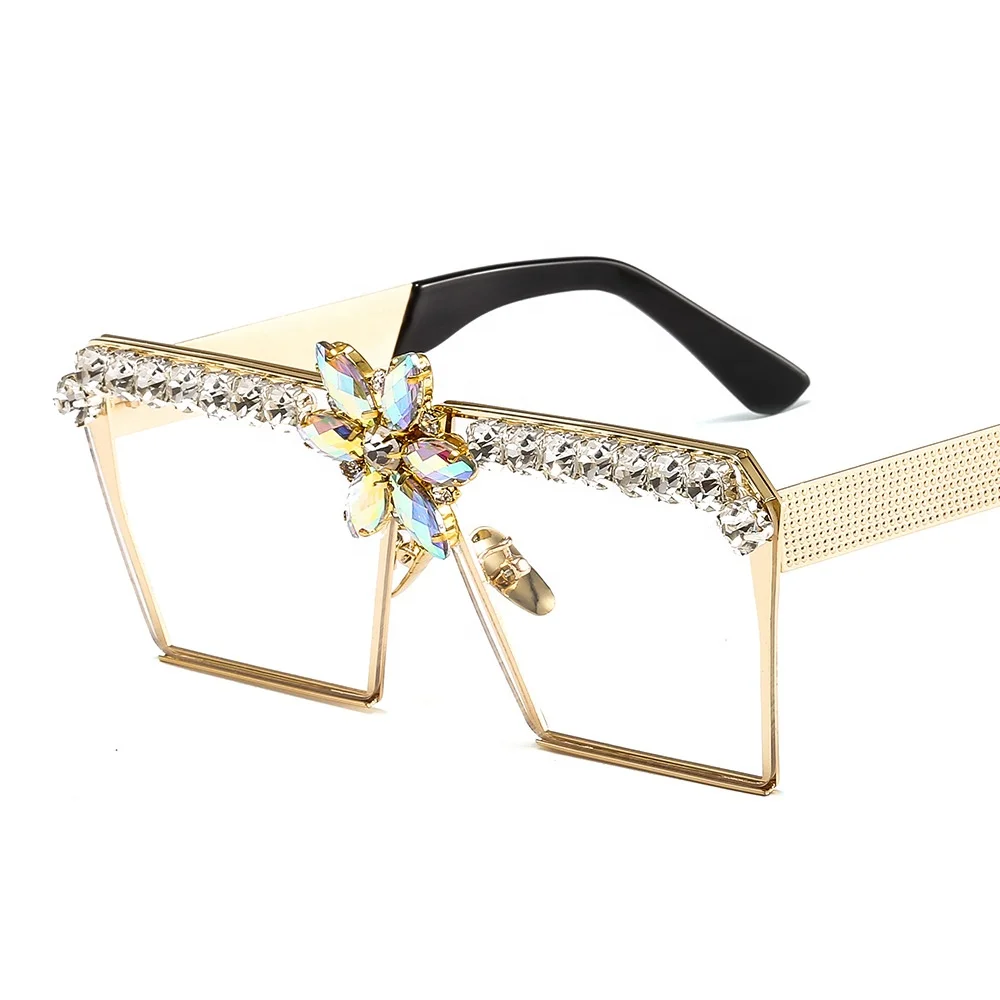 

Large Square Frame Luxury Diamond Flat Mirror Square Shiny Crystal Sunglasses, Colors