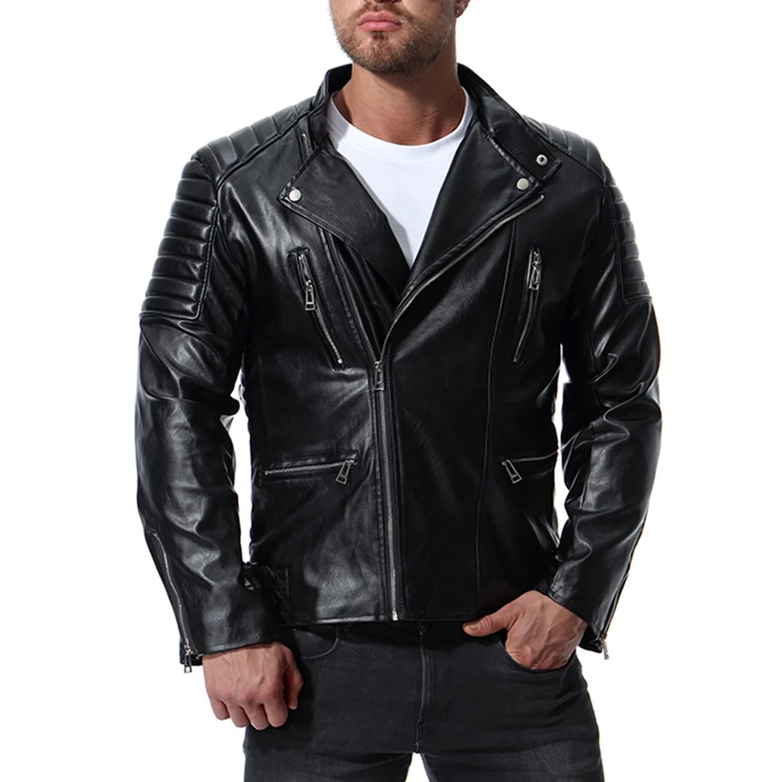
Custom Wind Breaker Pu Leather Jacket Fashionable Mens Leather Jacket For Men Winter Bikers 