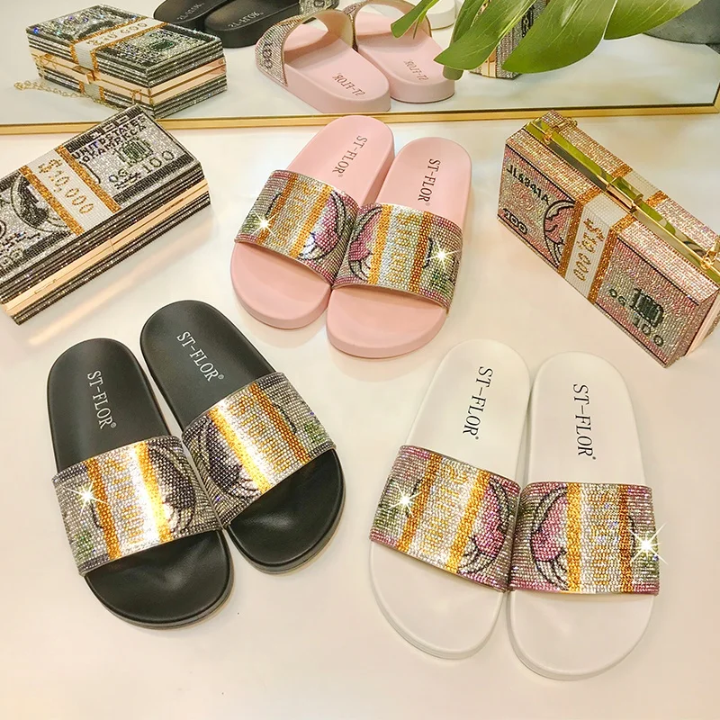 

Low MOQ Popular designer Dollar money slides with shiny rhinestone luxury women slides slippers outdoor sandals, Black/pink