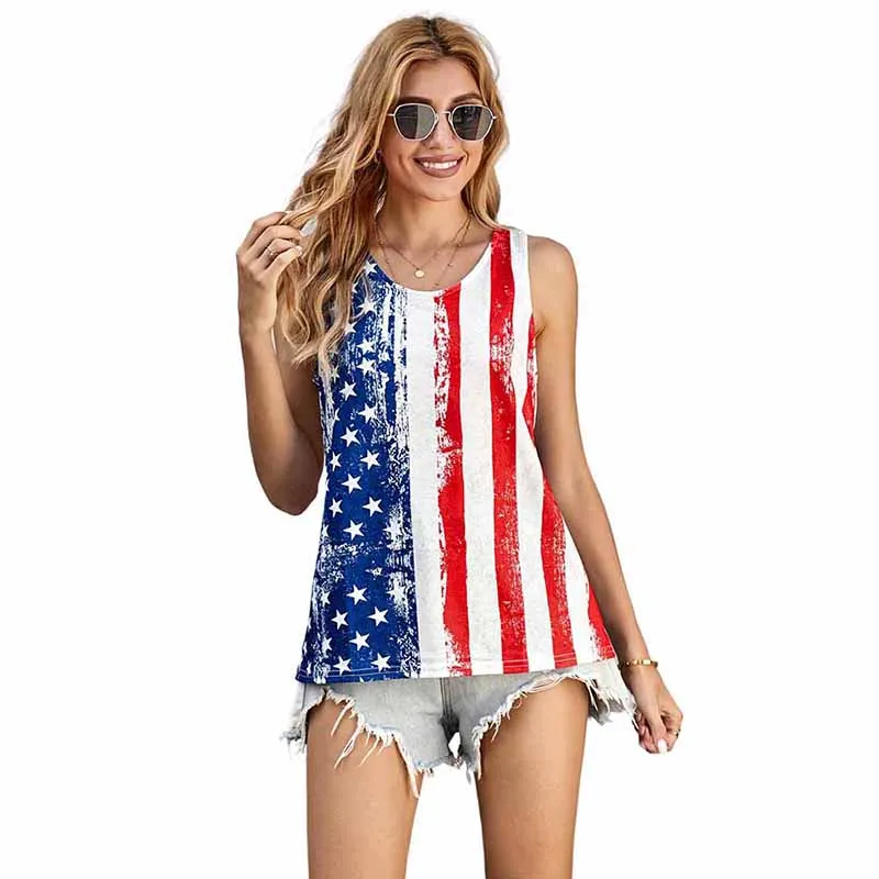 

Fashionable Stripes Star American Flag Print Womens Tank Tops