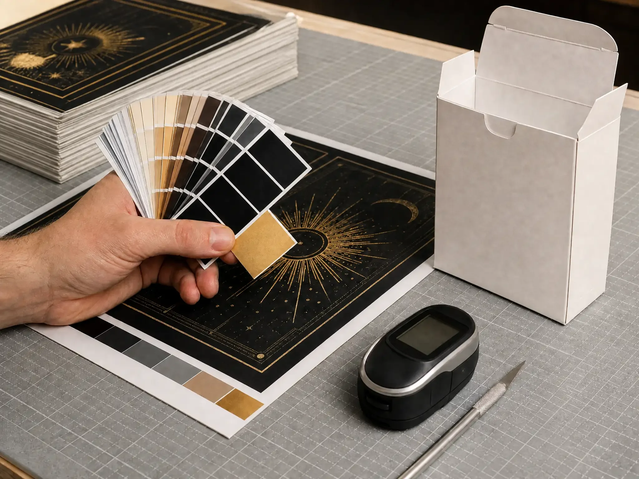 Colour approval at prepress with a colour fan, proof sheet, densitometer and a white dummy box