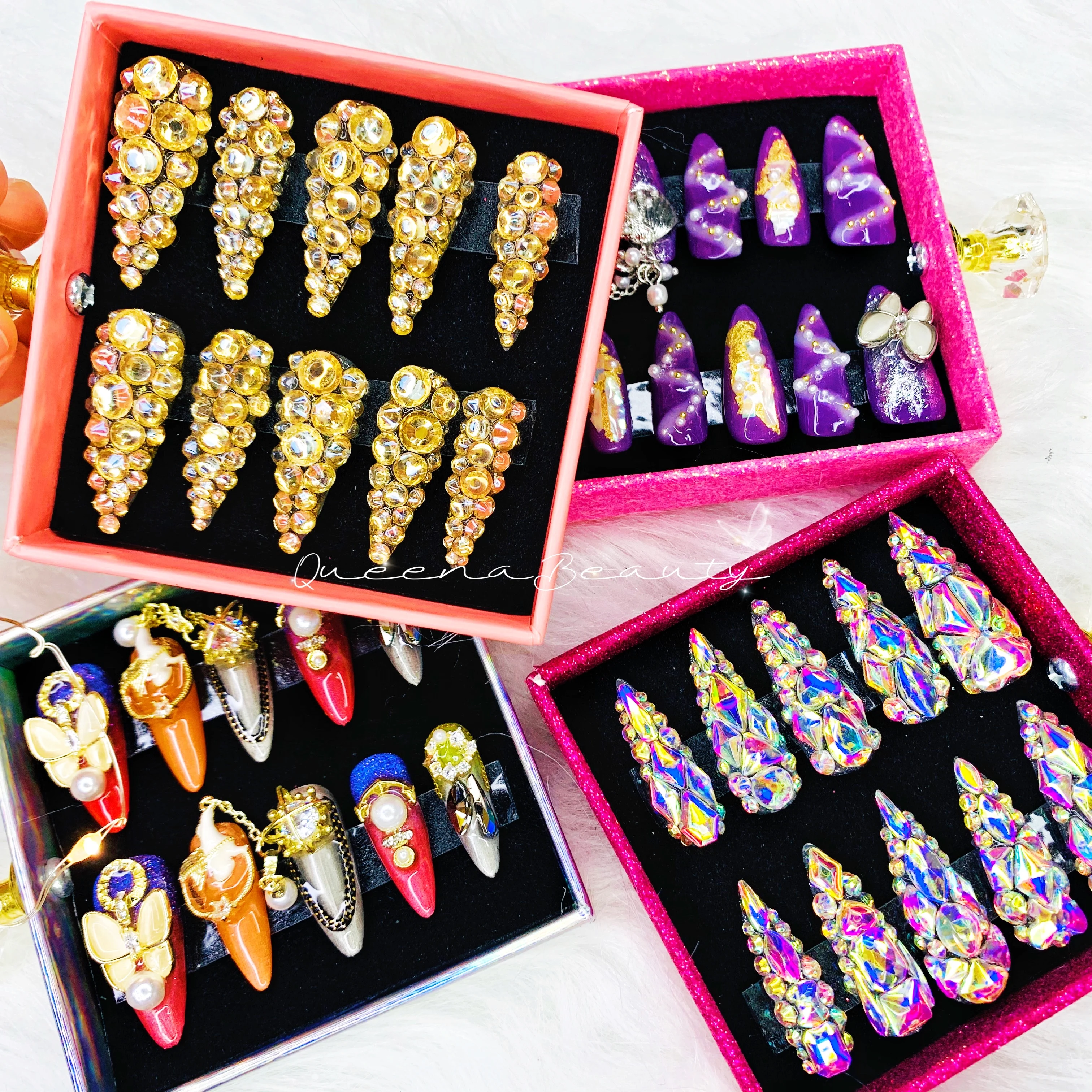 

Free Shipping Luxury Private Label Press On Nails Handmade Custom Thick Acrylic Nails With Rhinestones Artificial Fingernails, Same as picture