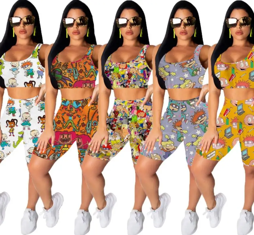 

Summer 2021 Strape Suit Fashion Printed Female Cartoon Two Piece Pants Set High Waist Biker Shorts Crop Tops Women Clothing