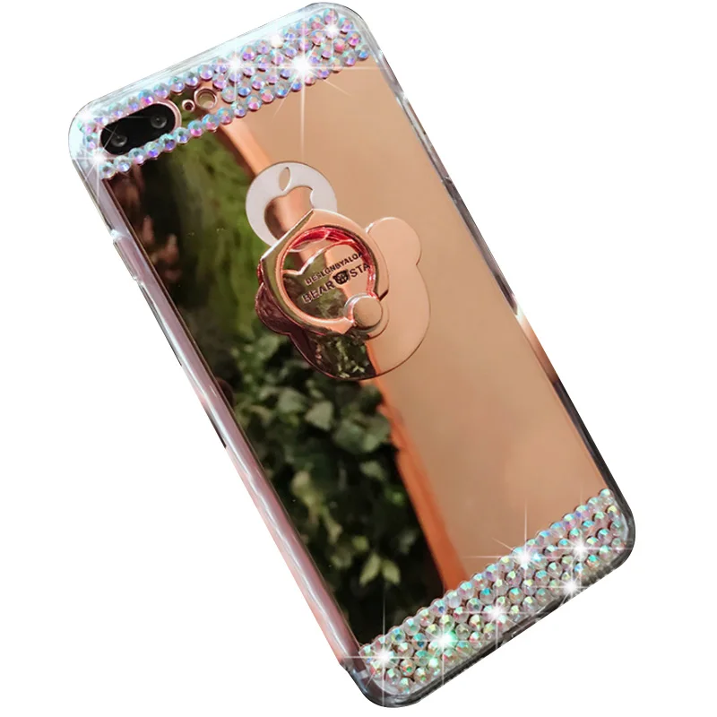 

aesthetic rhinestone makeup mirror case with finger rings holder Pretty girl kickstand Phone case for iphone 12 pro diamond case, 2 colors