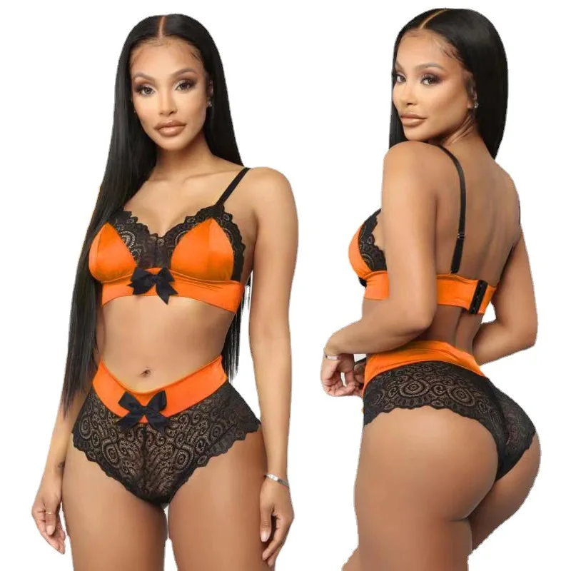 

Hot selling underwear set Lace Bowknot Push Up Bra Panty womens bra sets lace Sexy Lingeries, Orange red, black, pink