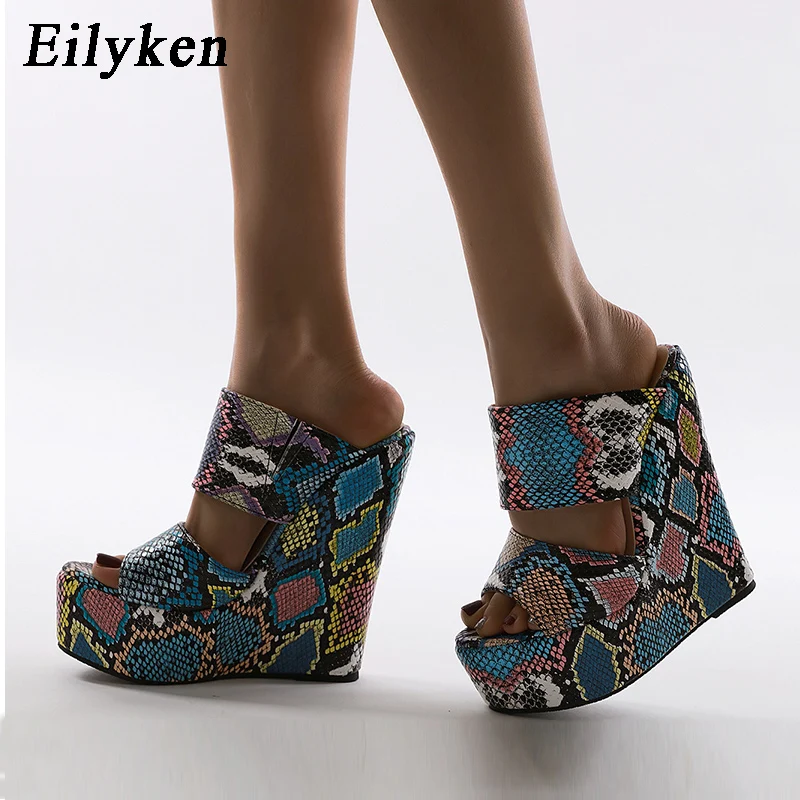 

Eilyken 2021 New Wholesale Green Serpentine Wedges High Heels Leisure Summer Sandal Women Shoes Woman platform Mules Slippers