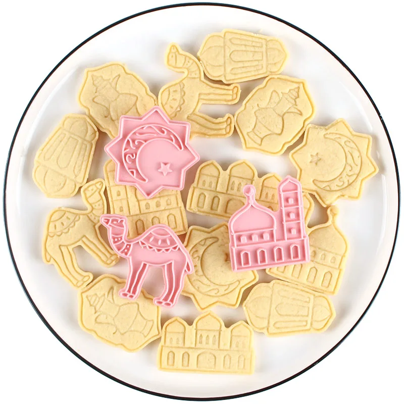 

6pcs Pack Eid Mubarak Cookie Cutter Bake Ware Plastic 3d Biscuits Cutter Mold, Pink