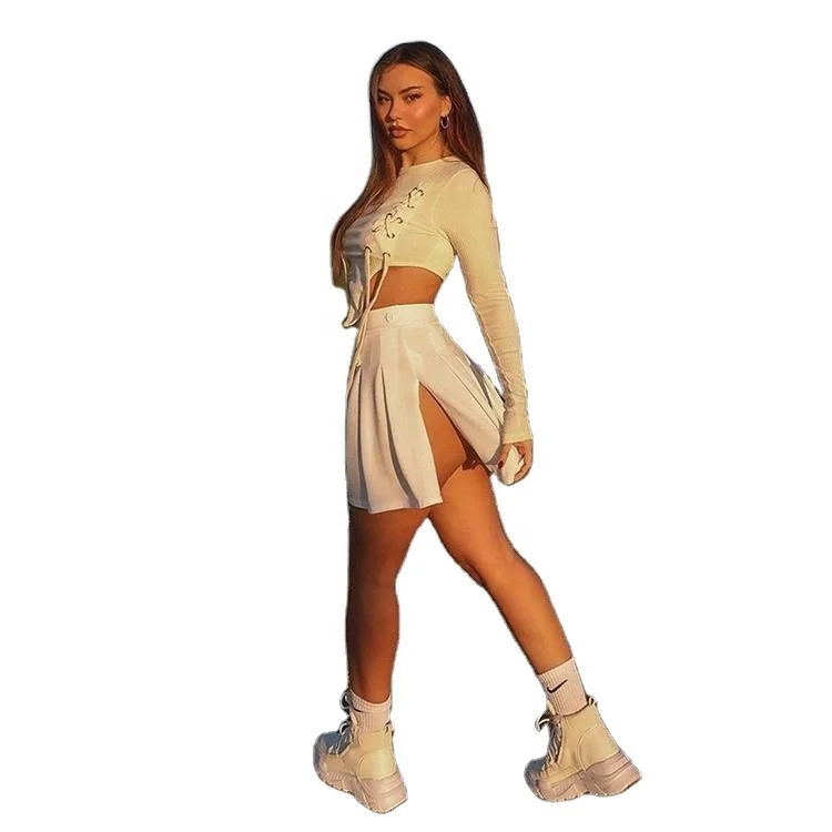 

Cross Belt Irregular Long Sleeve T-Shirt Women Clothing Crop Top Fashion Tee