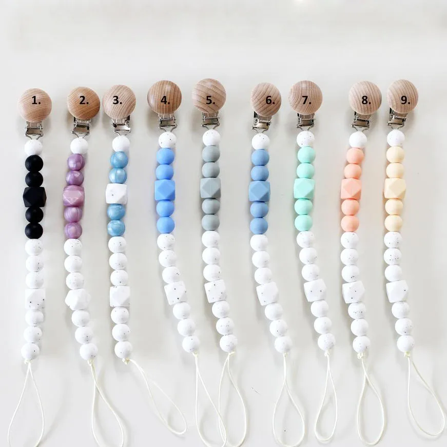 

New Style Silicone Beads Teething Infant Wooden Pacifier Clip