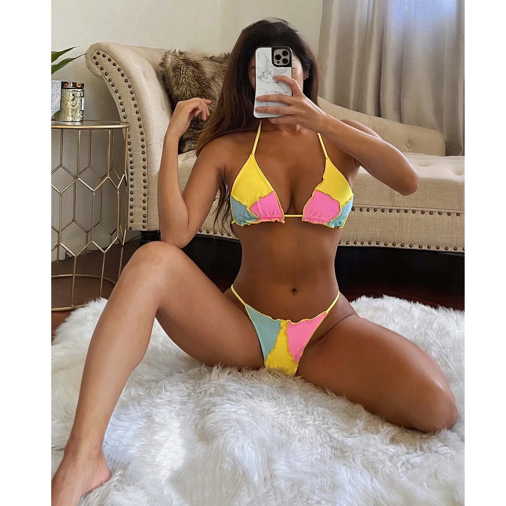 

custom logo label tag Amazon 2021 Color block bikini Ruffle swimsuit Halter swimsuit support OEM, Solid