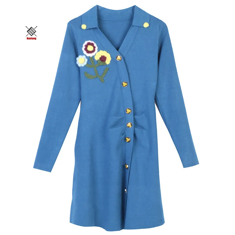 

High Quality Cape Collar Embroidery Long Sleeve Custom Knitwear Ladies Sweater Dress