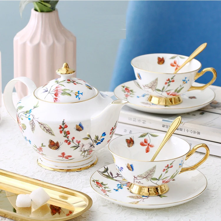 

Fancy bone china 15 pcs tea set luxury ceramic gold handle coffee cup saucer set, Gold rim