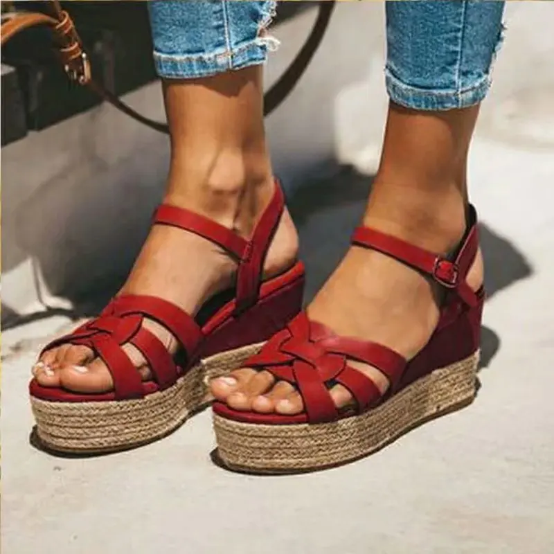 

LX-009 hot selling PU strap hand weaving open toe ankle strap sandals for women platform thick sole custom sandals wholesale, Red , black, white