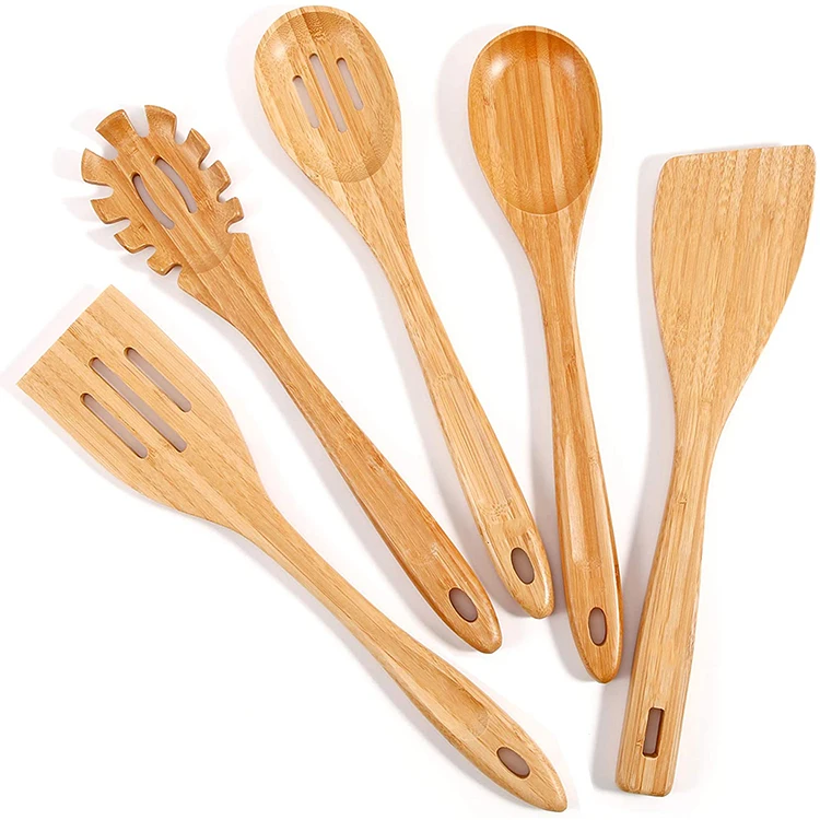 

Wholesale 5-piece Eco Friendly Organic Non-stick Bamboo Cooking Spoons Tools Utensils Set for Gift, Natural