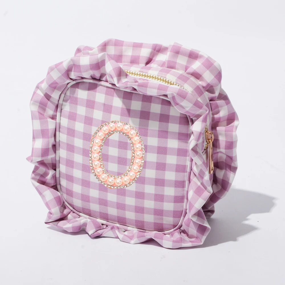 

Stock S M L XL Cute Gingham Ruffle Custom Cosmetic Makeup Sew On Personal Bag Women Gift Print Wholesale Beauty Bags and Cases