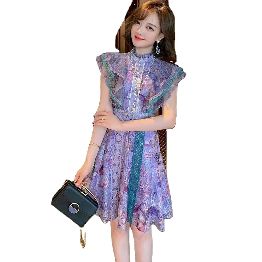 

Skirt Stand Collar Printed Netting boutique Female Mini Elegant Party Dresses Women Lady