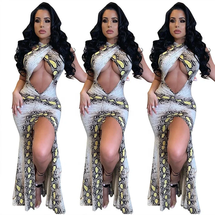 

One Shoulder Sexy Maxi Body Con Snake Skin Summer Stretch Leopard Cotton Plus Size Women Army Dress
