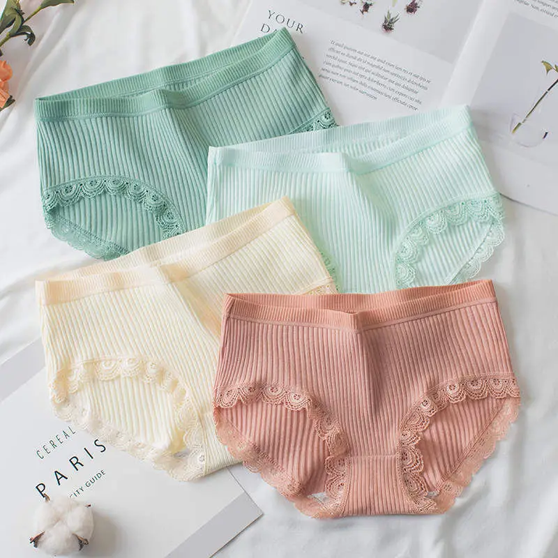 

Algodon comfortable lady undies with lace leg middle waist ribbed women panty