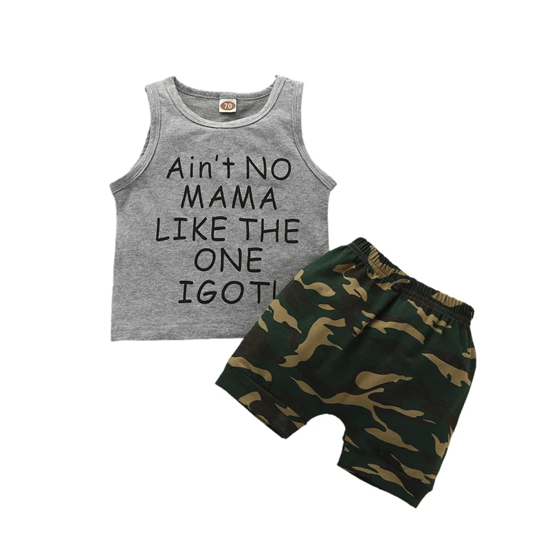 

Children's Clothing Wholesale Baby Sleeveless Letter Vest Camo Shorts Two-piece Cotton Summer Boy Vest Set, 4 colors