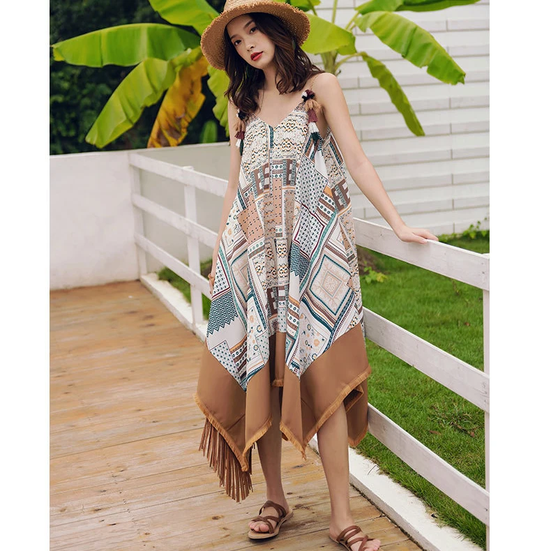 

Best Quality Summer Fashion Irregular Design Loose Backless Stylish Print Loose V-Neck Casual Dress, Picture color
