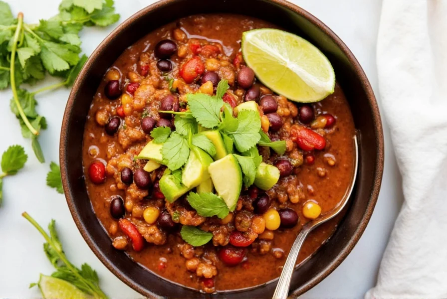 Finished bowl of vegetarian chili with beans topped with avocado, cilantro, and lime wedge